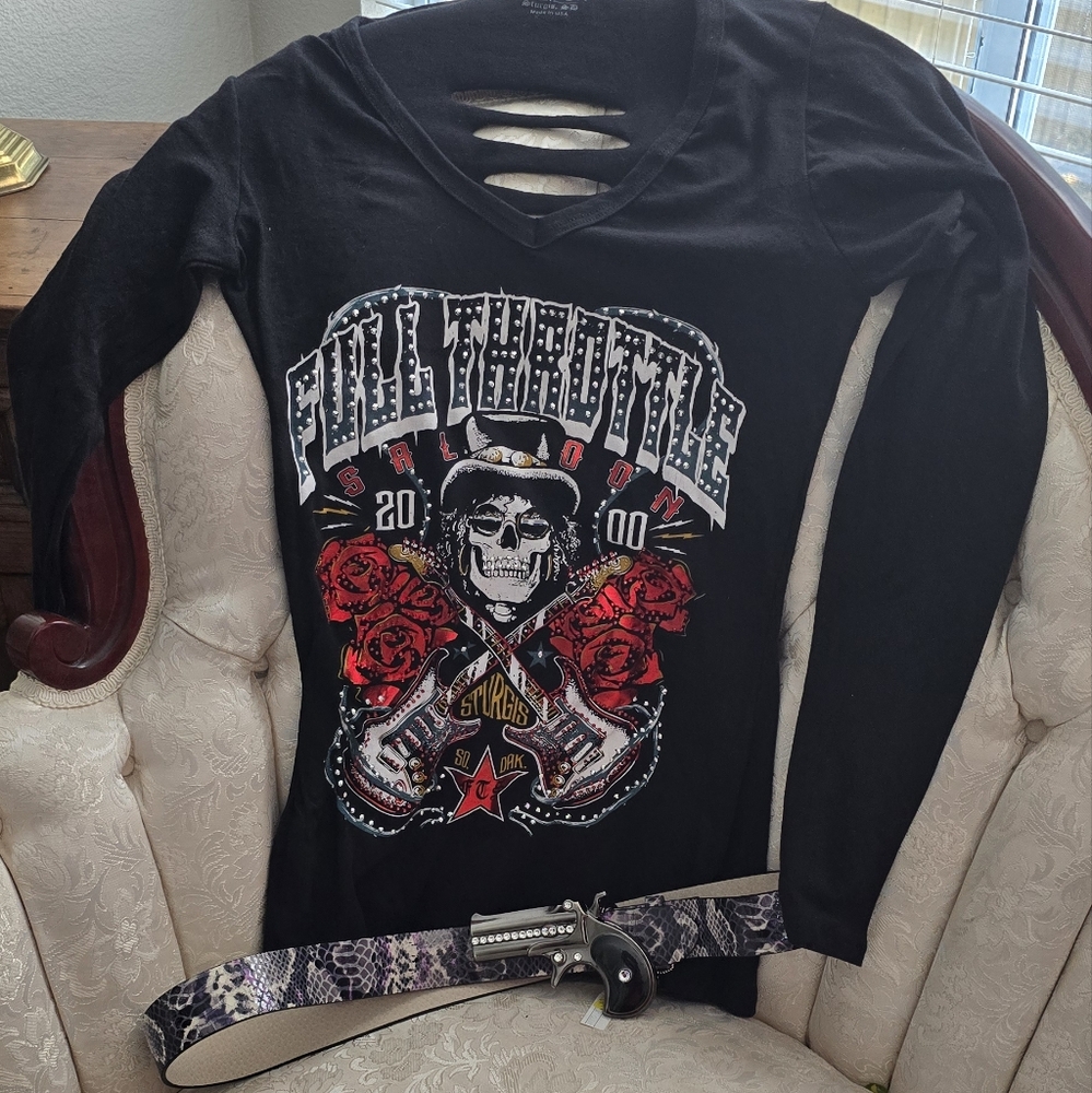 Black Graphic Long Sleeve Shirt with Belt
